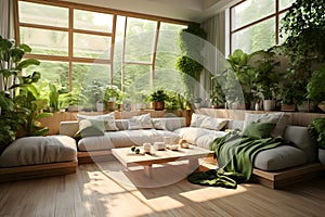 A modern and cosy living room full of nature green plants - Home design theme