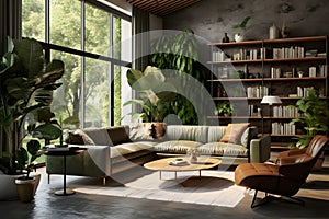 A modern and cosy living room full of nature green plants - Home design theme