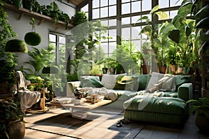 A modern and cosy living room full of nature green plants - Home design theme