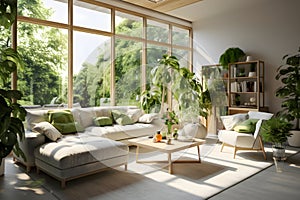 A modern and cosy living room full of nature green plants - Home design theme