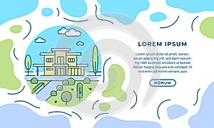 Modern cottage banner template design. Round line art and color drawing illustration with Modern house, trees, and minimalist