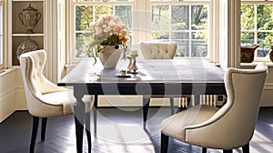 Modern cottage dining room decor, interior design and country house furniture, home decor, black table and white chairs
