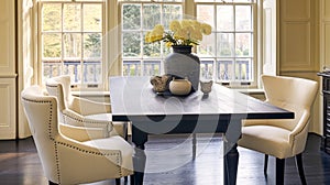 Modern cottage dining room decor, interior design and country house furniture, home decor, black table and white chairs
