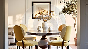 Modern cottage dining room decor, interior design and country house furniture, home decor, table and yellow chairs