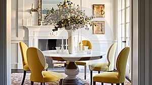 Modern cottage dining room decor, interior design and country house furniture, home decor, table and yellow chairs