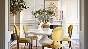 Modern cottage dining room decor, interior design and country house furniture, home decor, table and yellow chairs