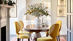 Modern cottage dining room decor, interior design and country house furniture, home decor, table and yellow chairs