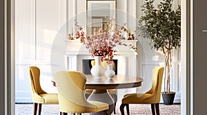 Modern cottage dining room decor, interior design and country house furniture, home decor, table and yellow chairs, English
