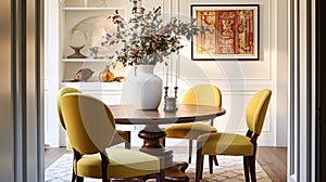 Modern cottage dining room decor, interior design and country house furniture, home decor, table and yellow chairs, English