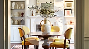 Modern cottage dining room decor, interior design and country house furniture, home decor, table and yellow chairs, English