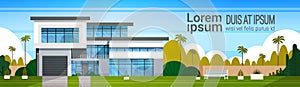 Modern Cottage House Exterior, Villa Building Horizontal Banner with Copy Space photo
