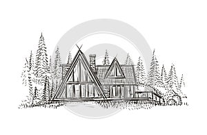 Modern cottage house hand drawn illustration.Vector.