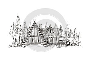 Modern cottage house hand drawn illustration.Vector. photo
