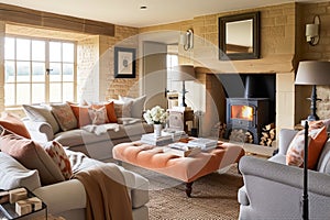 Modern cottage sitting room decor, interior design, living room furniture in neutral colours and fireplace, home decor