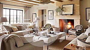 Modern cottage sitting room decor, interior design, living room furniture in neutral colours and fireplace, home decor