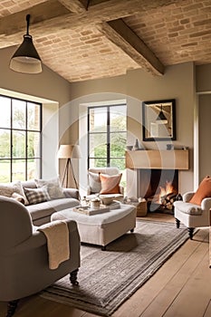 Modern cottage sitting room decor, interior design, living room furniture in neutral colours and fireplace, home decor