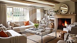 Modern cottage sitting room decor, interior design, living room furniture in neutral colours and fireplace, home decor