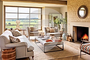 Modern cottage sitting room decor, interior design, living room furniture in neutral colours and fireplace, home decor