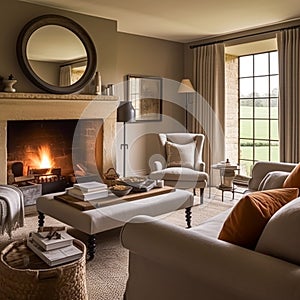 Modern cottage sitting room decor, interior design, living room furniture in neutral colours and fireplace, home decor