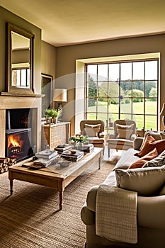 Modern cottage sitting room decor, interior design, living room furniture in neutral colours and fireplace, home decor in elegant