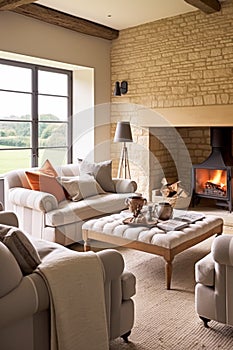 Modern cottage sitting room decor, interior design, living room furniture in neutral colours and fireplace, home decor in elegant