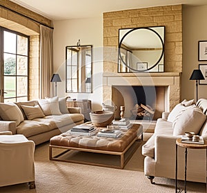 Modern cottage sitting room decor, interior design, living room furniture in neutral colours, home decor in elegant