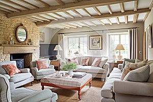 Modern cottage sitting room, living room interior design and country house home decor, sofa and lounge furniture