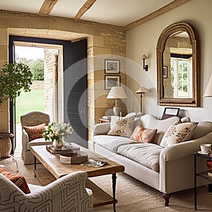 Modern cottage sitting room, living room interior design and country house home decor, sofa and lounge furniture