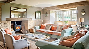 Modern cottage sitting room, living room interior design and country house home decor, sofa and lounge furniture