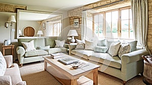 Modern cottage sitting room, living room interior design and country house home decor, sofa and lounge furniture