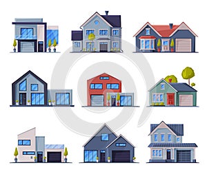 Modern Cottages Facades Cpllection, Residential House Buildings, Country Real Estate Flat Vector Illustration