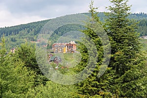 Modern cottages on slope of forested mountains. Carpathians