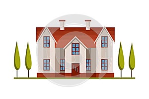 Modern country home for booking and living. House exterior vector illustration front view with roof. Home facade with