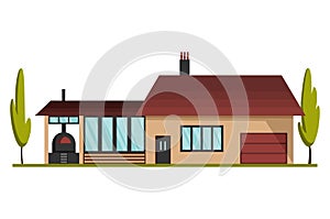 Modern country home for booking and living. House exterior vector illustration front view with roof. Home facade with