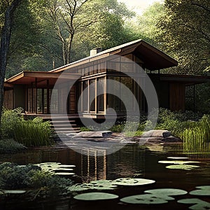 modern country house on the banks of the river in a dense forest