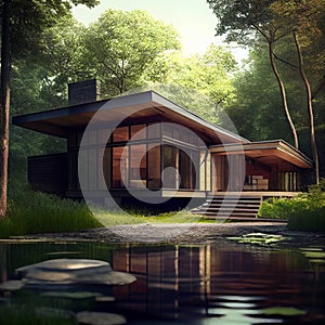 modern country house on the banks of the river in a dense forest