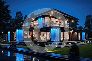 Modern country house with large windows and blue neon lighting