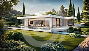 Modern country villa made of stone and concrete with a sloping roof and landscaping, single living outside the city in nature,