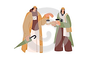 Modern couple with coffee to go. Young man and woman holding takeaway cups of hot drink. Fashion friends and paper tea