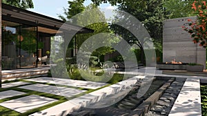 A modern courtyard with a minimalist water feature and a linear fire pit making a bold statement in the design. 2d flat