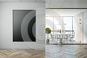 Modern coworking office interior with city view, blank black poster, equipment and furniture, law and legal concept, Mock up, 3D