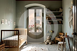 Modern and Cozy Baby Nursery with Crib, Teddy Bear, and Bookshelf for a Warm Atmosphere