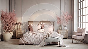 Modern cozy bedroom. Chabby shic style. Pastel colors