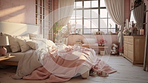 Modern cozy bedroom. Chabby shic style. Pastel colors