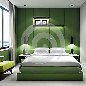 Modern cozy bedroom, interior design, interior architecture, green design ai Generated, generative AI, CGI graphics