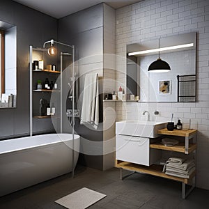 Modern cozy clean bathroom interior. Minimalistic design of the restroom. Generative AI