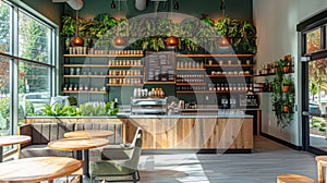 Modern And Cozy Coffeeshop Interior With Green Plants
