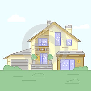 Modern cozy flat house. Gardening Flat Background Vector Illustration.