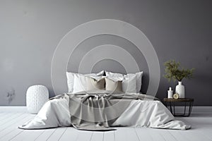 Modern cozy gray bedroom. Creative design interior. Generative AI.
