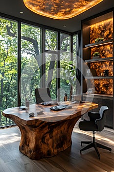 Modern cozy home office with organic textures, greenery, eco design, not a typical office